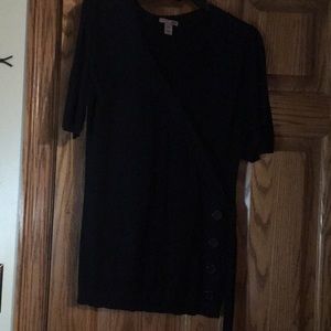 Women’s black short sleeve blouse with side tie.